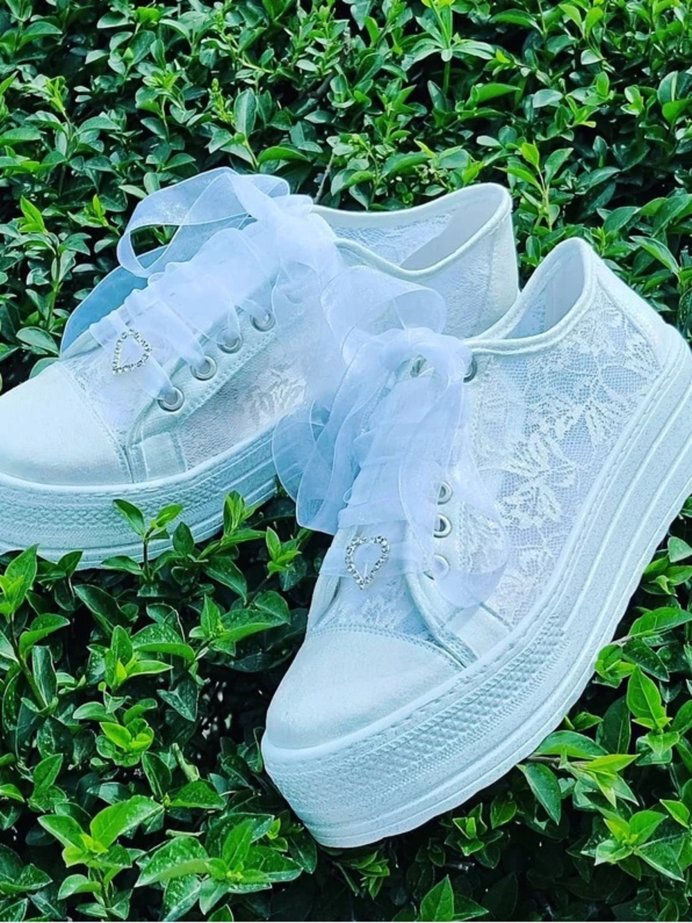 Lace Platform Bridal Sneakers with Sheer Ribbon Laces - White